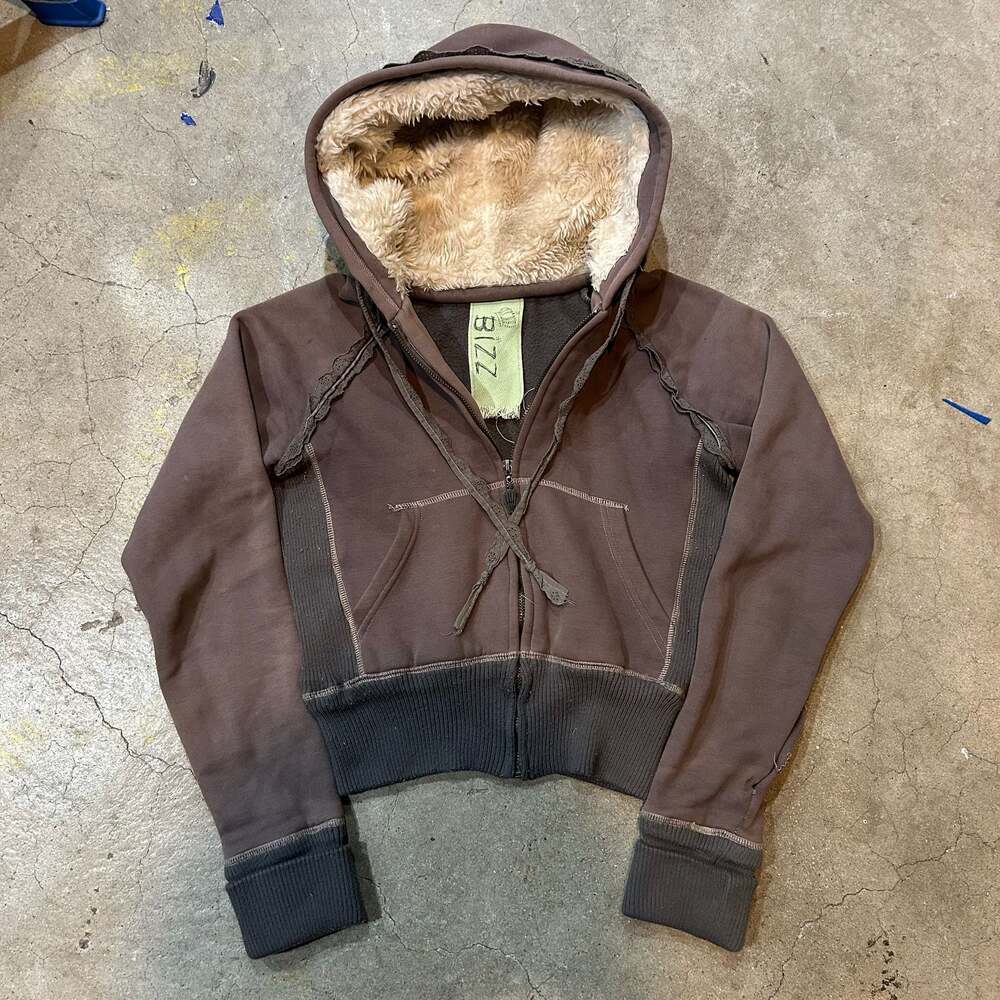 Bizz Y2K Vintage Brown Faux Fur Lined Cropped Zip-Up Hoodie